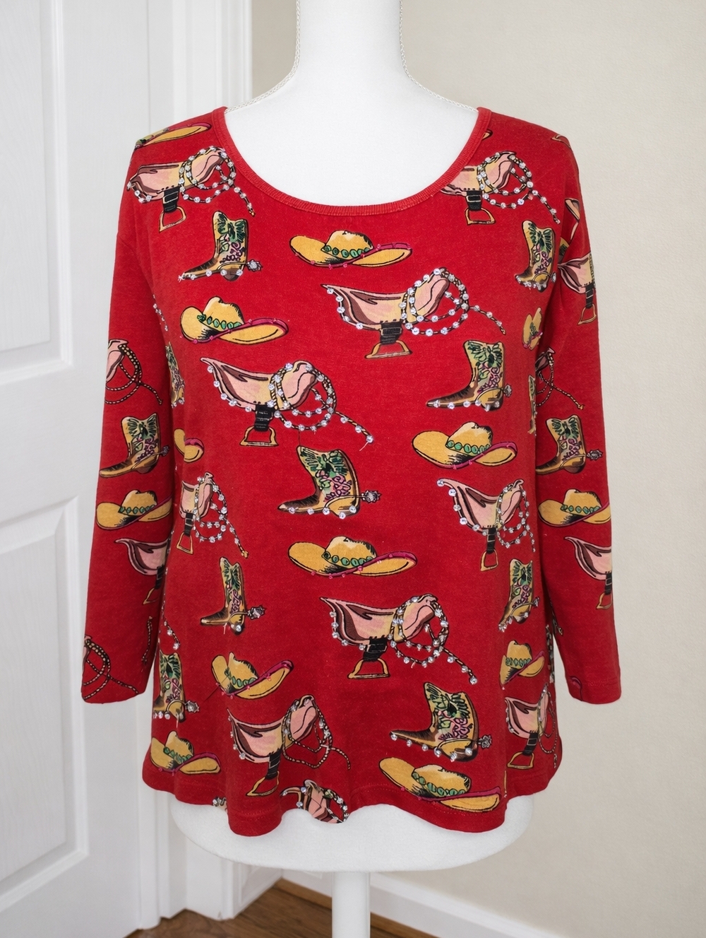 TAKE TWO CLOTHING CO Vintage Western Graphic Top XL Red Cowboy Boots Hat Beaded